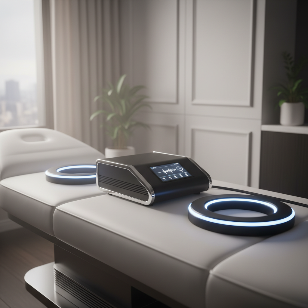 Clinical PEMF therapy device with glowing applicator rings on a treatment bed